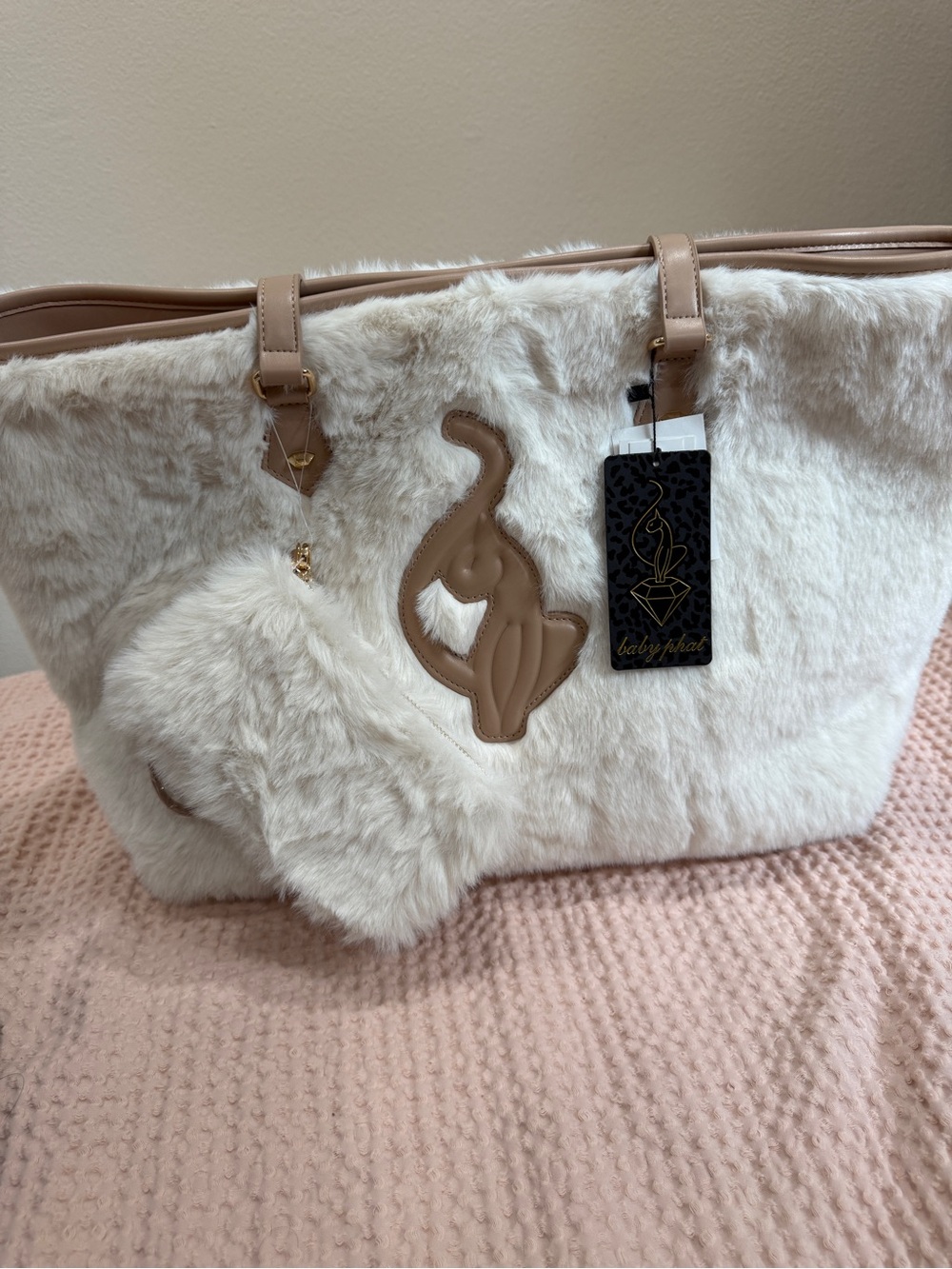 Baby Phat Cream Faux Fur Tote with Tan Trim and Detachable Pouch